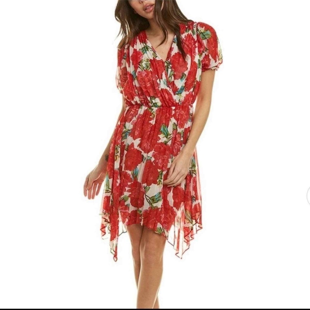 The Kooples Red Rose Floral Wrap‎ Puff Sleeve Mini Dress Handkerchief Hem Small